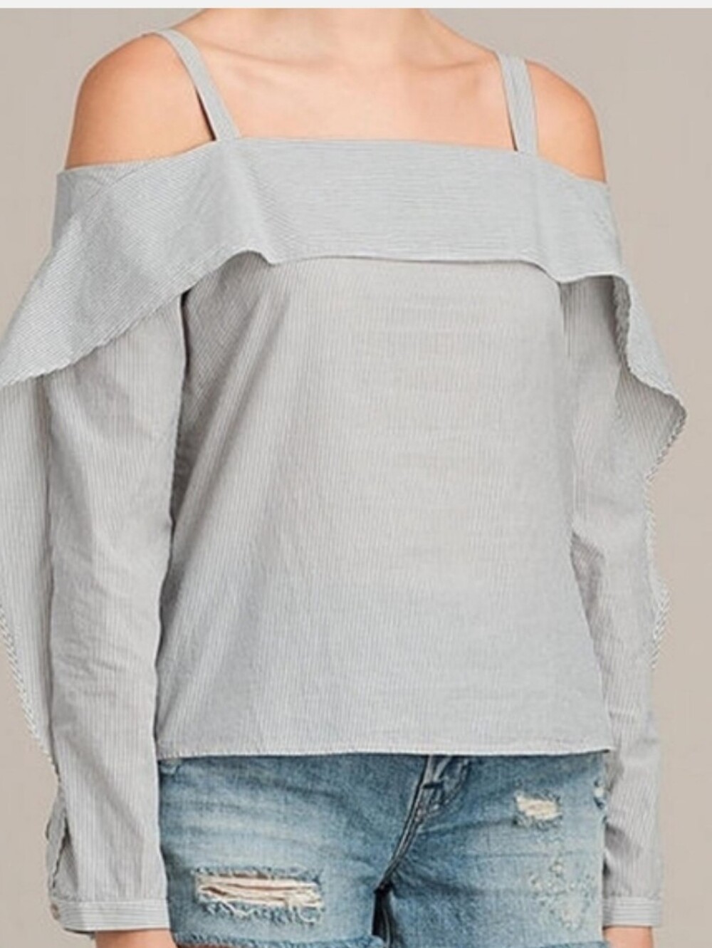 All Saints Top Gray Striped Off Shoulder Women's Long Sleeves
